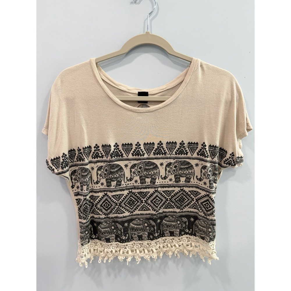 The Classic USA Elephant Print Crochet Fringe Crop Top Small Boho Festival Rayon
